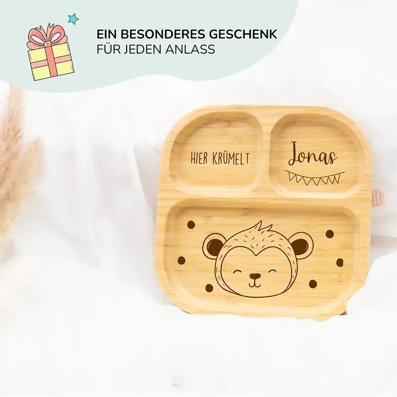 Kinderteller mit Saugnapf personalisiert mit Namen - Fuchs Motiv
