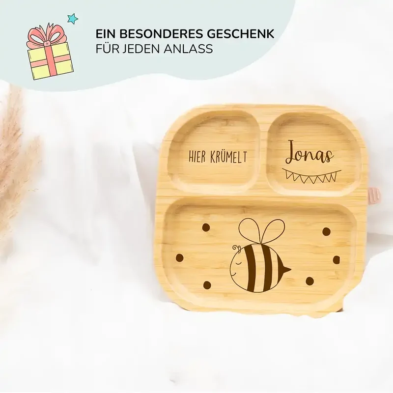 Kinderteller mit Saugnapf personalisiert mit Namen - Biene Motiv