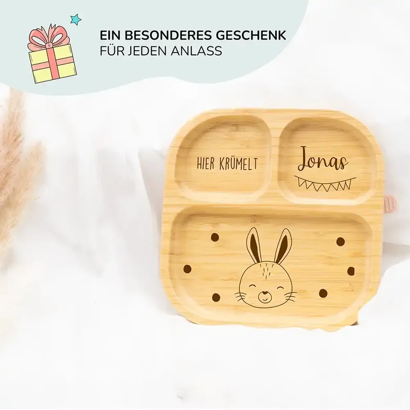 Kinderteller mit Saugnapf personalisiert mit Namen - Hase Motiv