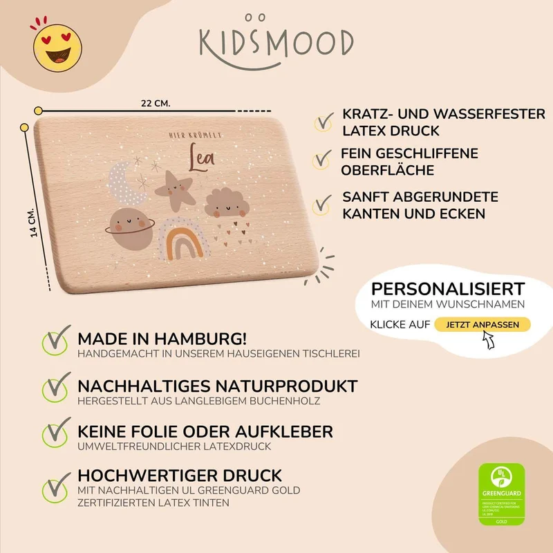 Frühstücksbrettchen Holz personalisiert - Mond Wolke Stern Regenbogen