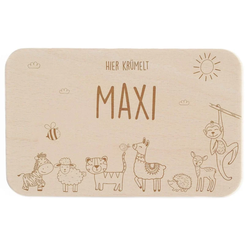 Frühstücksbrettchen Holz personalisiert Fröhliche Tierfamilie