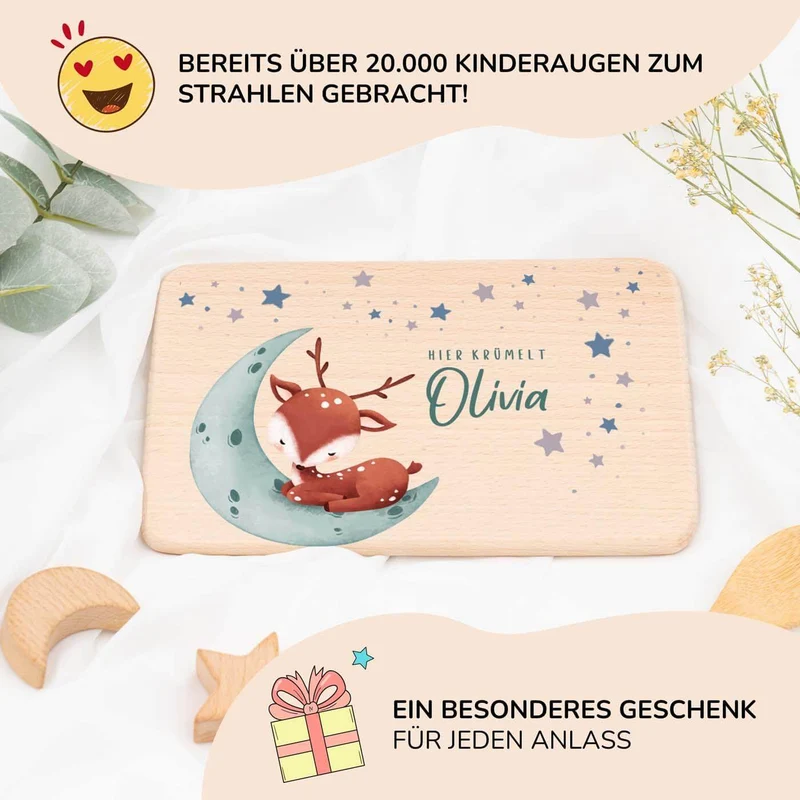 Frühstücksbrettchen Holz personalisiert - Baby Reh