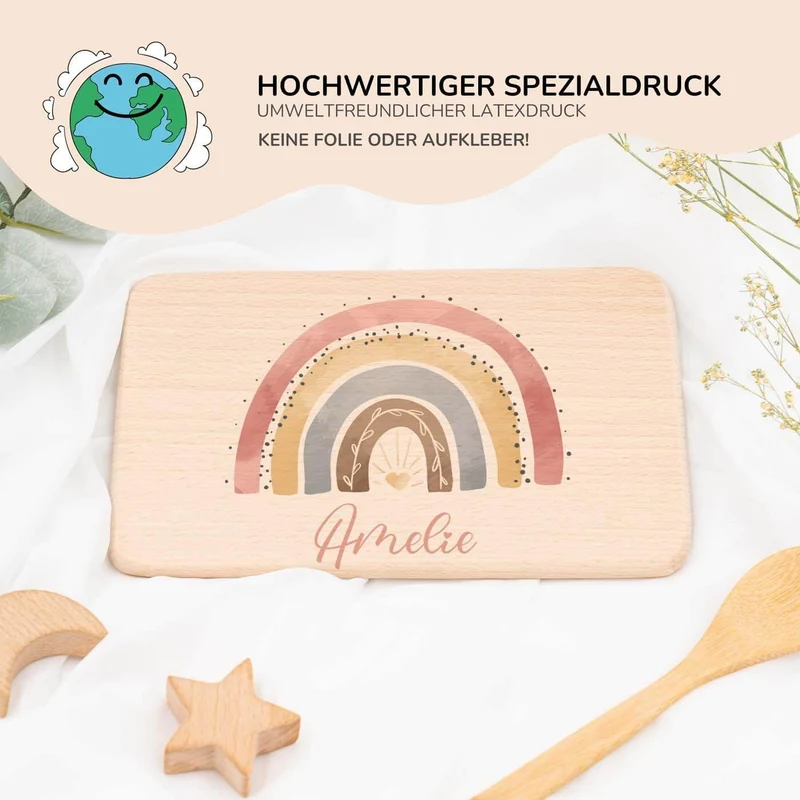 Frühstücksbrettchen Holz personalisiert - Regenbogen