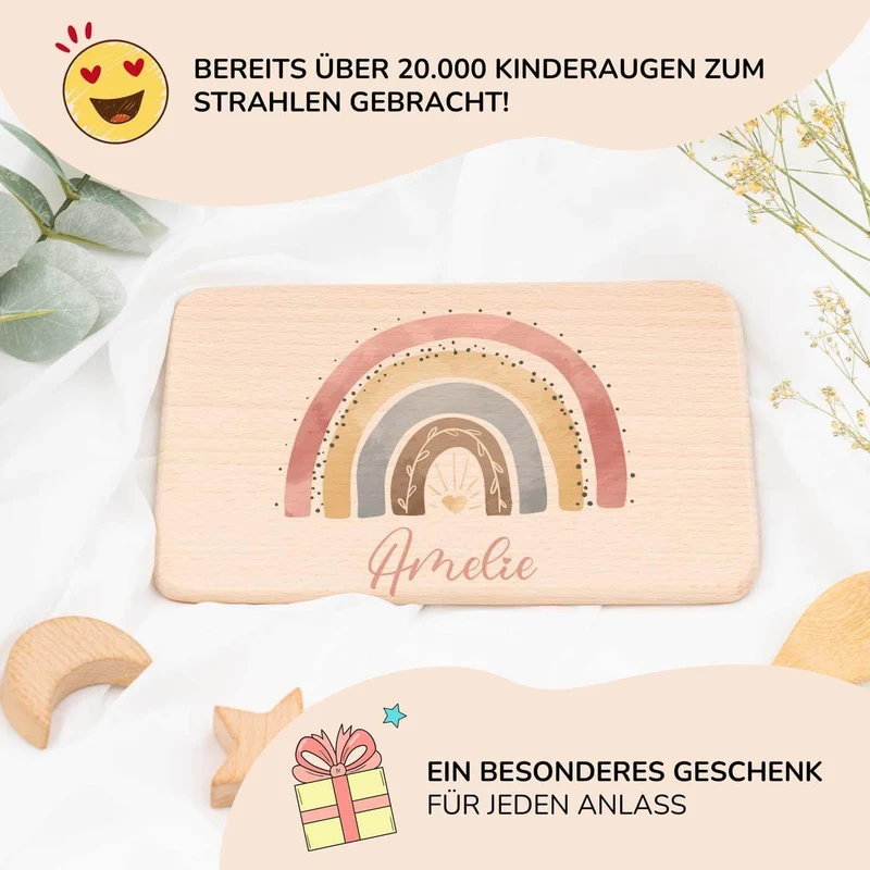 Frühstücksbrettchen Holz personalisiert - Regenbogen