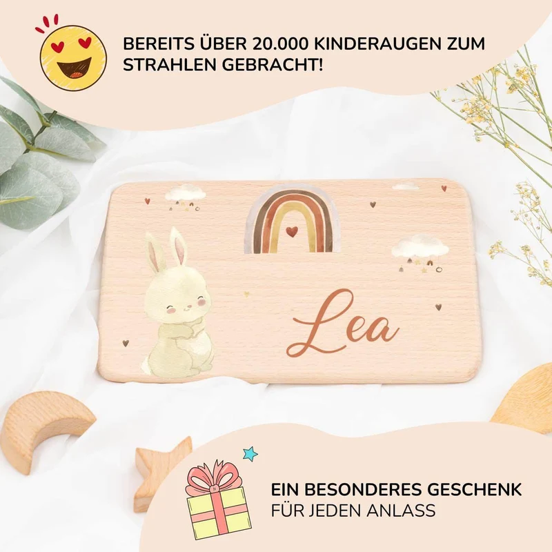 Frühstücksbrettchen Holz personalisiert - Boho Hase Regenbogen