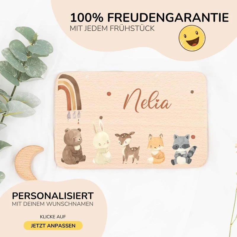 Frühstücksbrettchen Holz personalisiert - Boho Tierfamilie Regenbogen