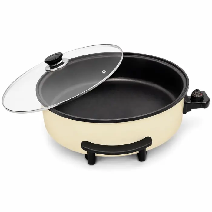 Pizzapan - Cream - XL pizzapan - XL pan met thermostaat - 5 standen - XL pan - Hapjespan - Multifuctionele pan - 42 cm ø - Pan - Groot braadoppervlak - Elektrische braadpan - Glazen deksel - Hoge kwaliteit