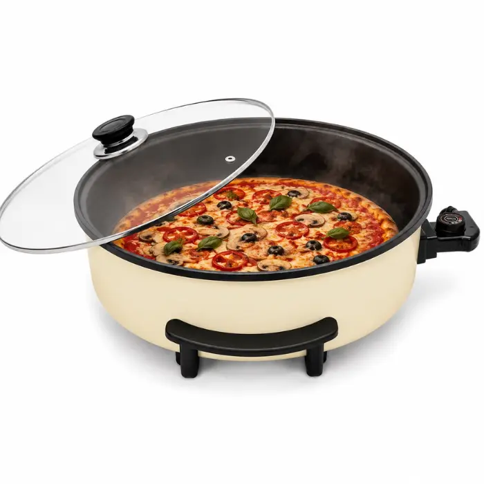 Pizzapan - Cream - XL pizzapan - XL pan met thermostaat - 5 standen - XL pan - Hapjespan - Multifuctionele pan - 42 cm ø - Pan - Groot braadoppervlak - Elektrische braadpan - Glazen deksel - Hoge kwaliteit