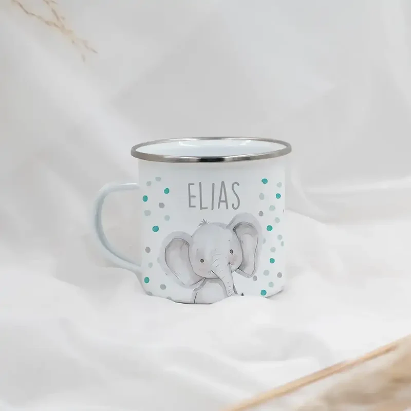 Emaille Tasse personalisiert - Elefant mit Punkten
