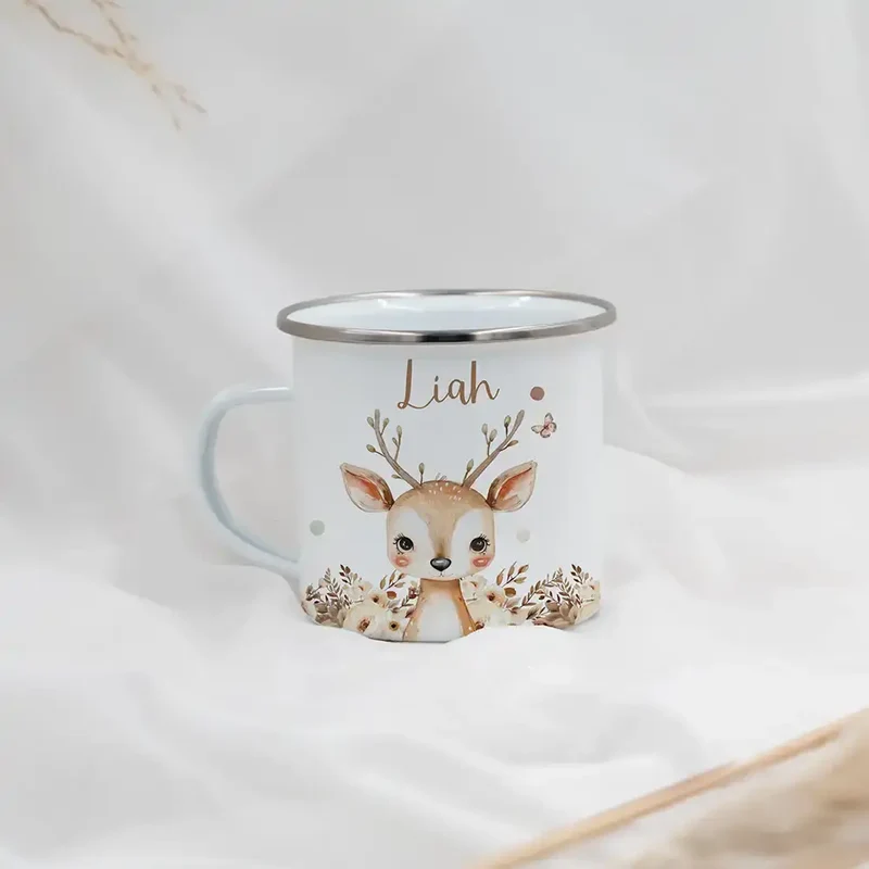 Emaille Tasse personalisiert - Rentier mit Blumen
