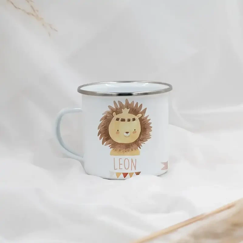 Emaille Tasse personalisiert - Löwe mit Girlande