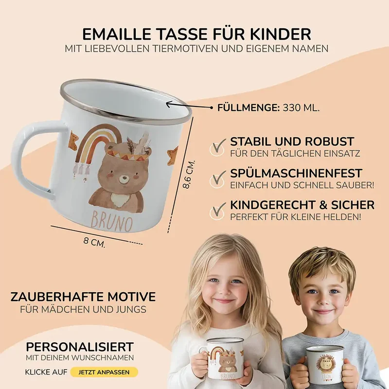 Emaille Tasse personalisiert - Bär mit Regenbogen