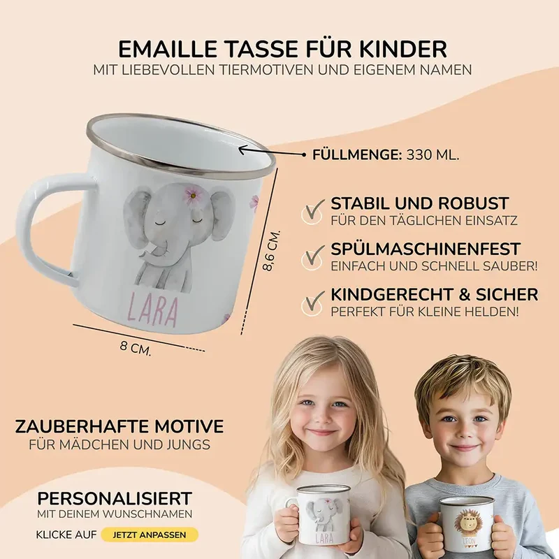 Emaille Tasse personalisiert - Elefant mit Blumen