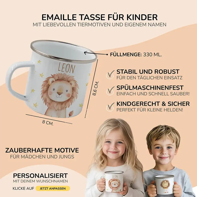 Emaille Tasse personalisiert - Löwe mit Sternen