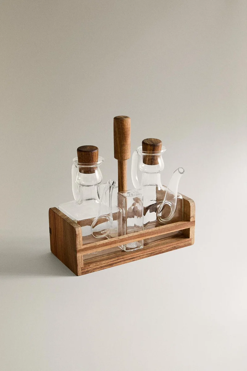 Borosilicaatglas / acaciahout Olie, azijn, zout & peperset (Tafelset) Twins
