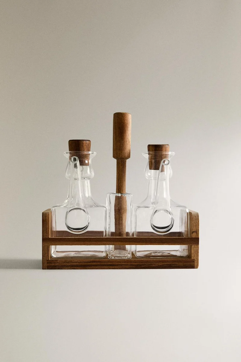Borosilicaatglas / acaciahout Olie, azijn, zout & peperset (Tafelset) Twins