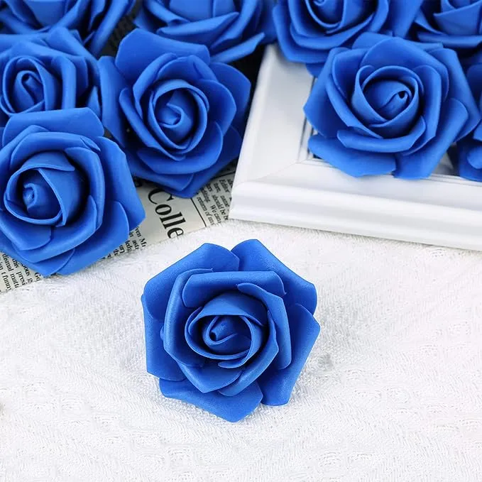 Kunstmatige rozenbloemkoppen – 6 stuks Donker blauw kunstrozen van schuim voor doe-het-zelf bruidsboeketten, tafeldecoraties, bloemstukken, feesten, babyshowers en woondecoratie (zonder steel, Donker Blauw).