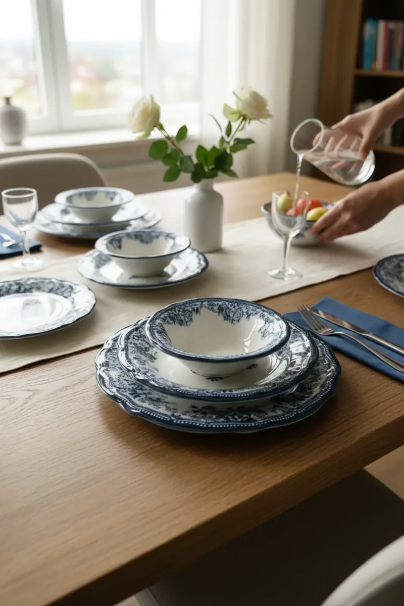 New Vintage Serviesset Navy 24 delig | 6 Persoons - Bloemenpatroon - Blauw ( Cyril - Fleury - Flora )