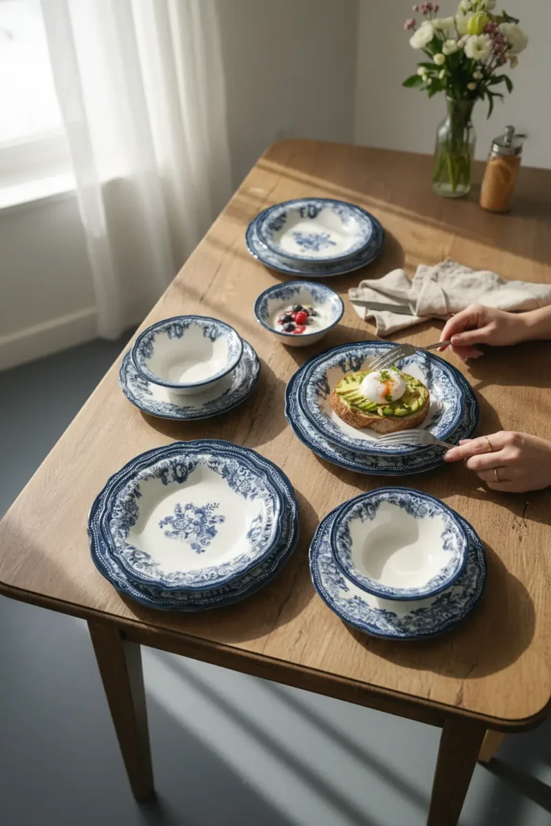 New Vintage Serviesset Navy 24 delig | 6 Persoons - Bloemenpatroon - Blauw ( Cyril - Fleury - Flora )