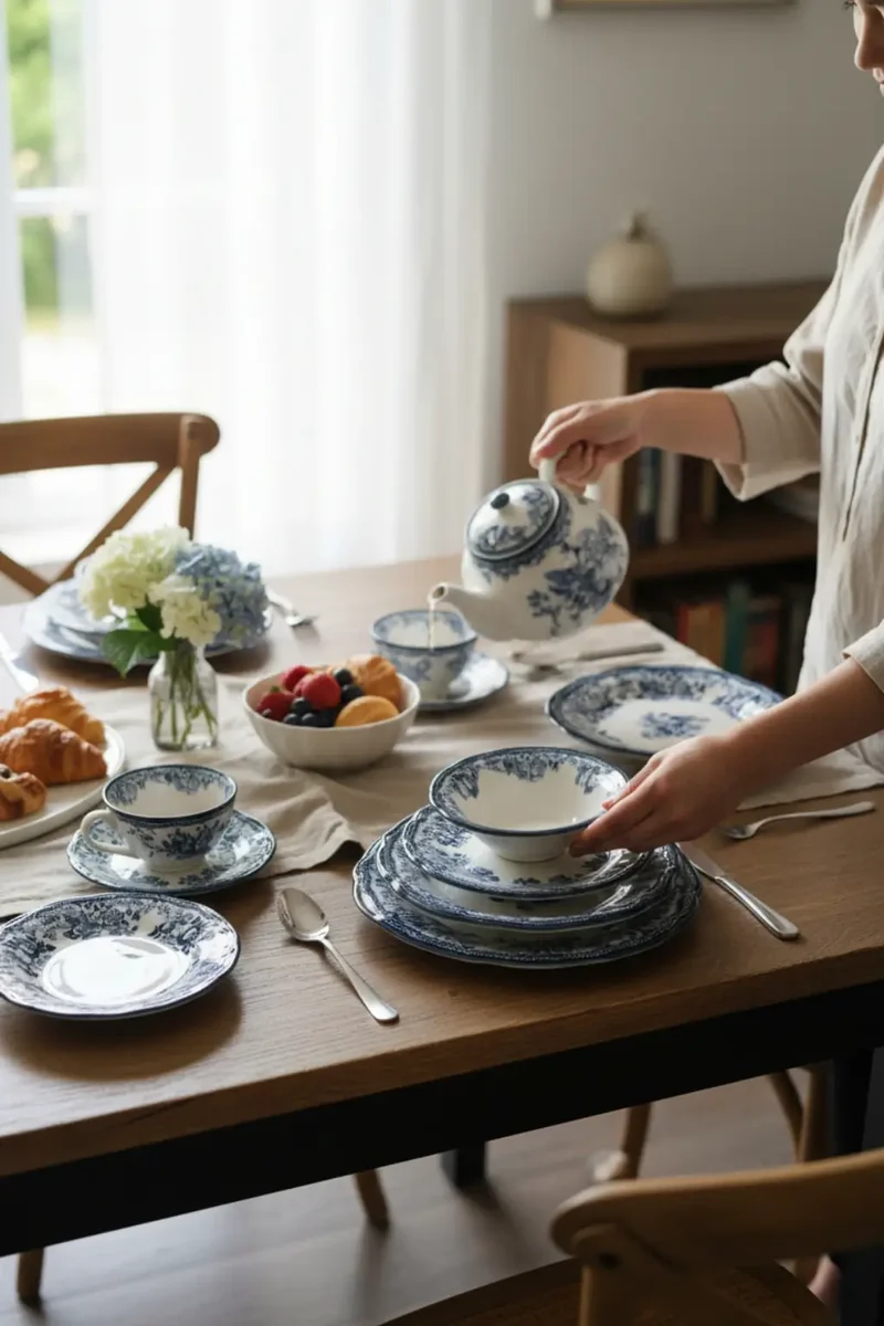 New Vintage Serviesset Navy 24 delig | 6 Persoons - Bloemenpatroon - Blauw ( Cyril - Fleury - Flora )