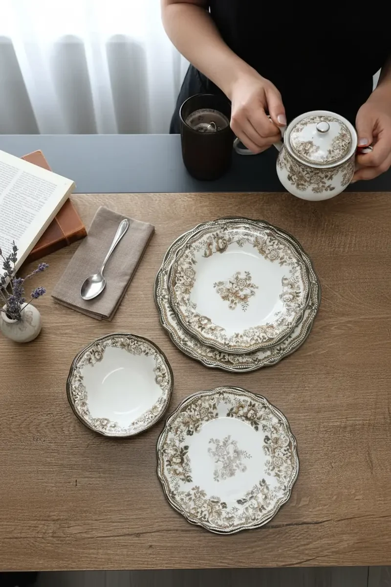 New Vintage Serviesset Bruin Bloemenpatroon 24 delig | 6 Persoons Bloemenpatroon - Bruin -Brown ( Cyril - Fleury - Flora )