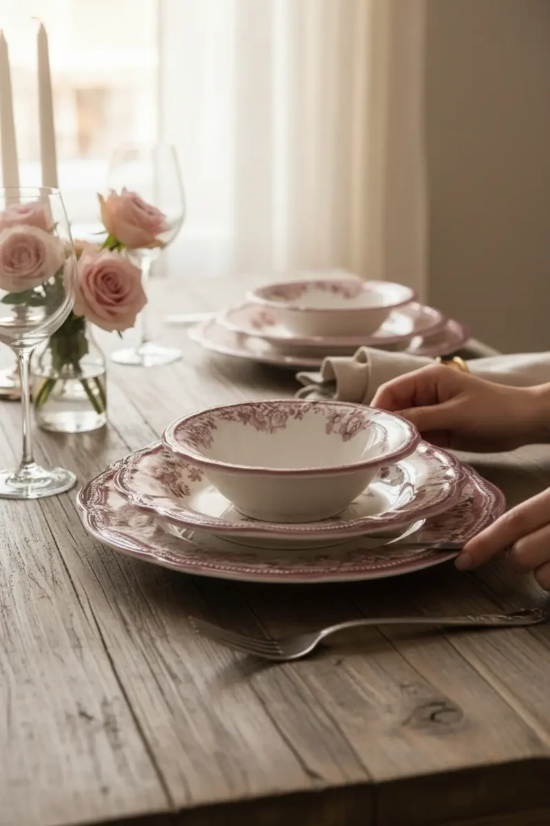 New Vintage Serviesset Maroon 24 delig | 6 Persoons - Bloemenpatroon - Roze - Burgundy ( Cyril - Fleury - Flora )