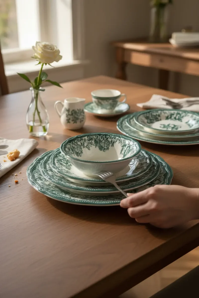 New Vintage Serviesset Green 24 Delig | 6 Persoons - Bloemenpatroon - Groen ( Cyril - Fleury - Flora )