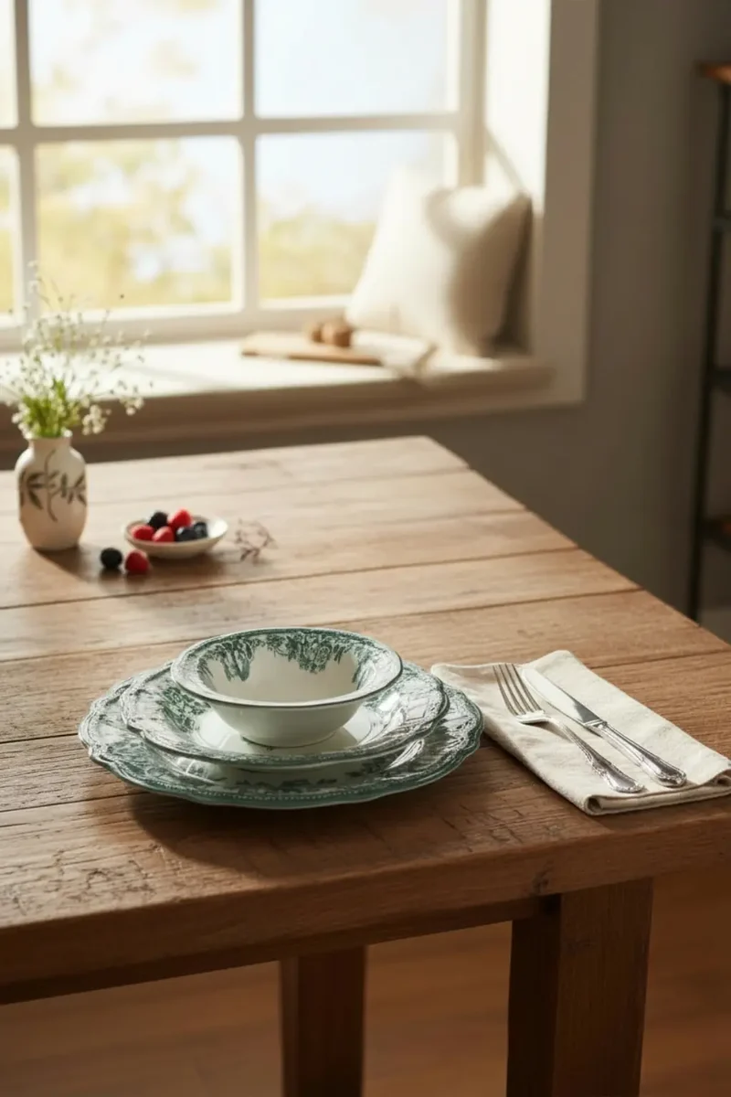 New Vintage Serviesset Green 24 Delig | 6 Persoons - Bloemenpatroon - Groen ( Cyril - Fleury - Flora )