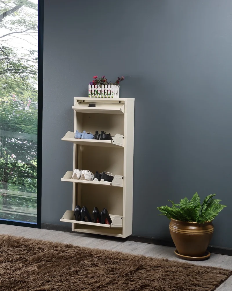 Schoenenkast / Metalen Schoenenkast Shoes - Curved - 3 vakken met opbergvak - metaal Beige