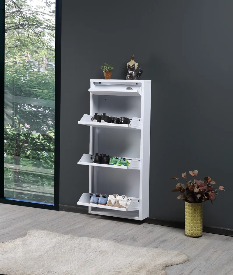 Schoenenkast / Metalen Schoenenkast Shoes - Curved - 3 vakken met opbergvak - metaal Beige