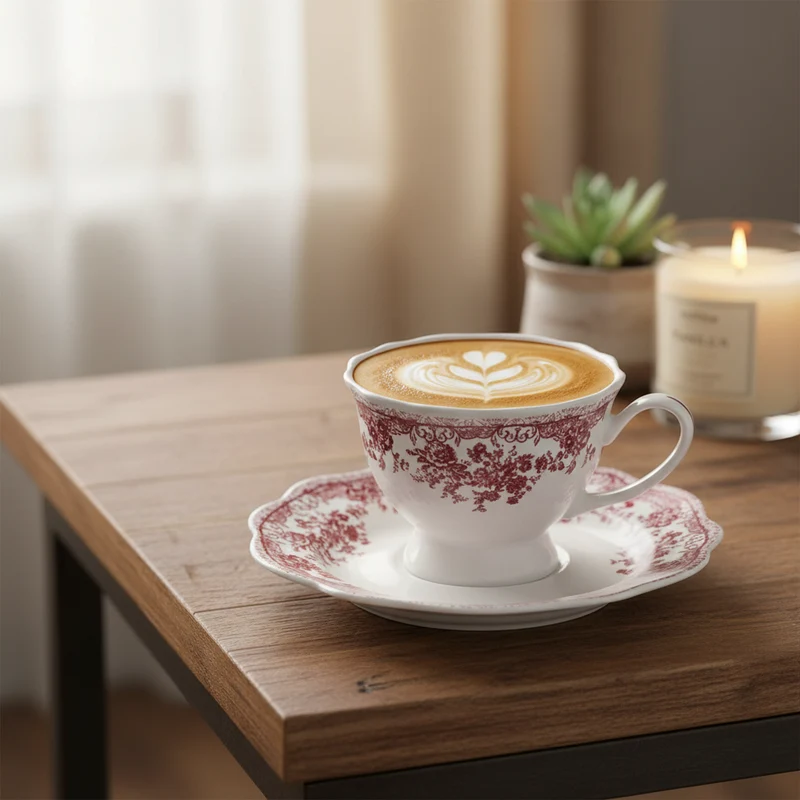 Rosi Flora Bloemenpatroon Cappuccino / Nescafé 12 Delig | 6 Persoons Roze Vintage ( Fleury - Cyril )