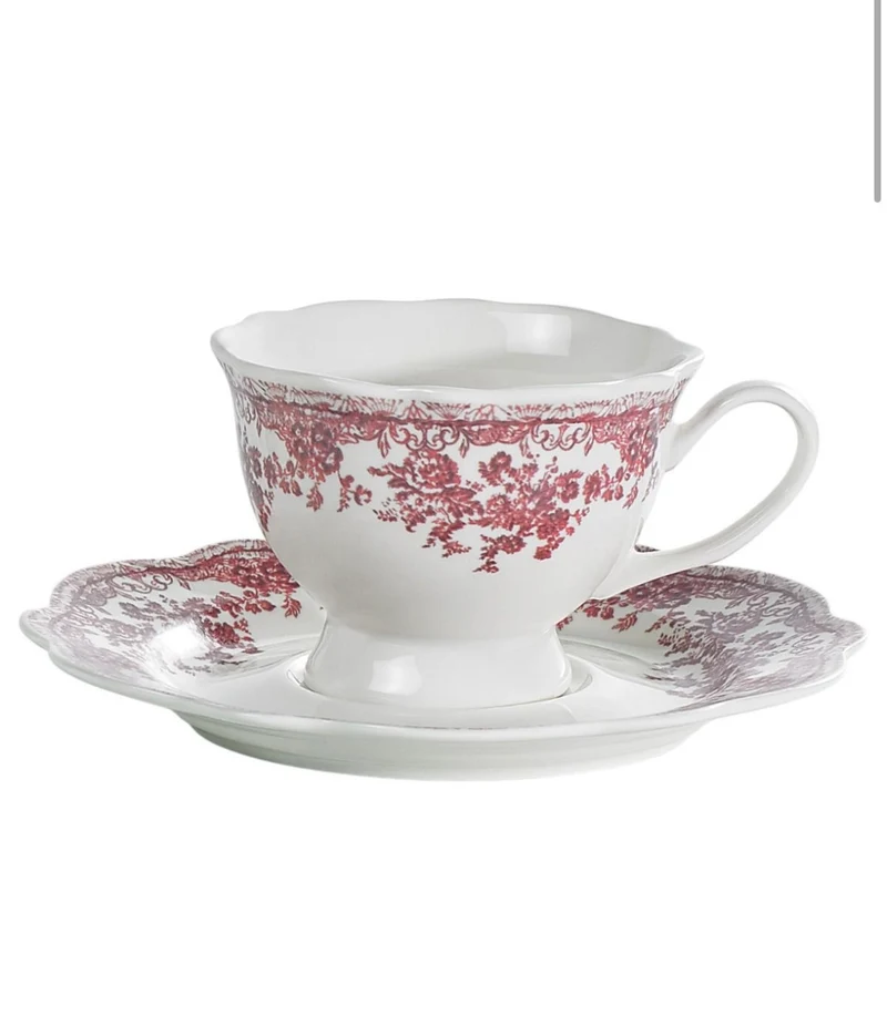 Rosi Flora Bloemenpatroon Cappuccino / Nescafé 12 Delig | 6 Persoons Roze Vintage ( Fleury - Cyril )