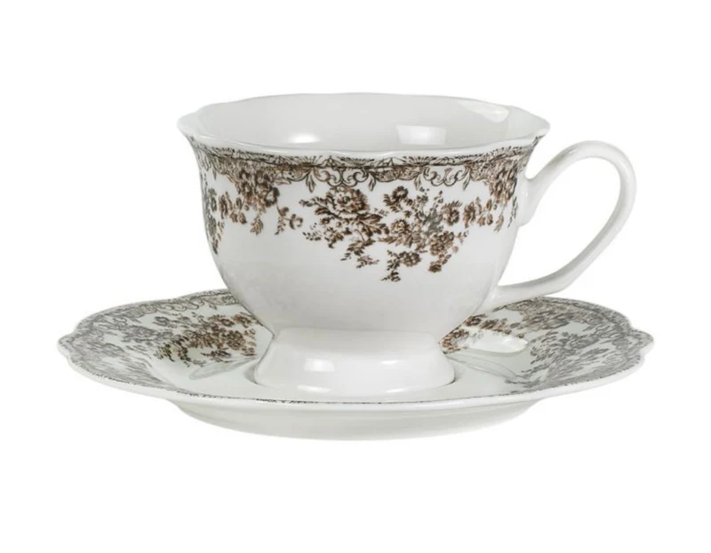 Brown Flora Bloemenpatroon Cappuccino / Nescafé 12 Delig | 6 Persoons Bruin Vintage ( Fleury - Cyril )