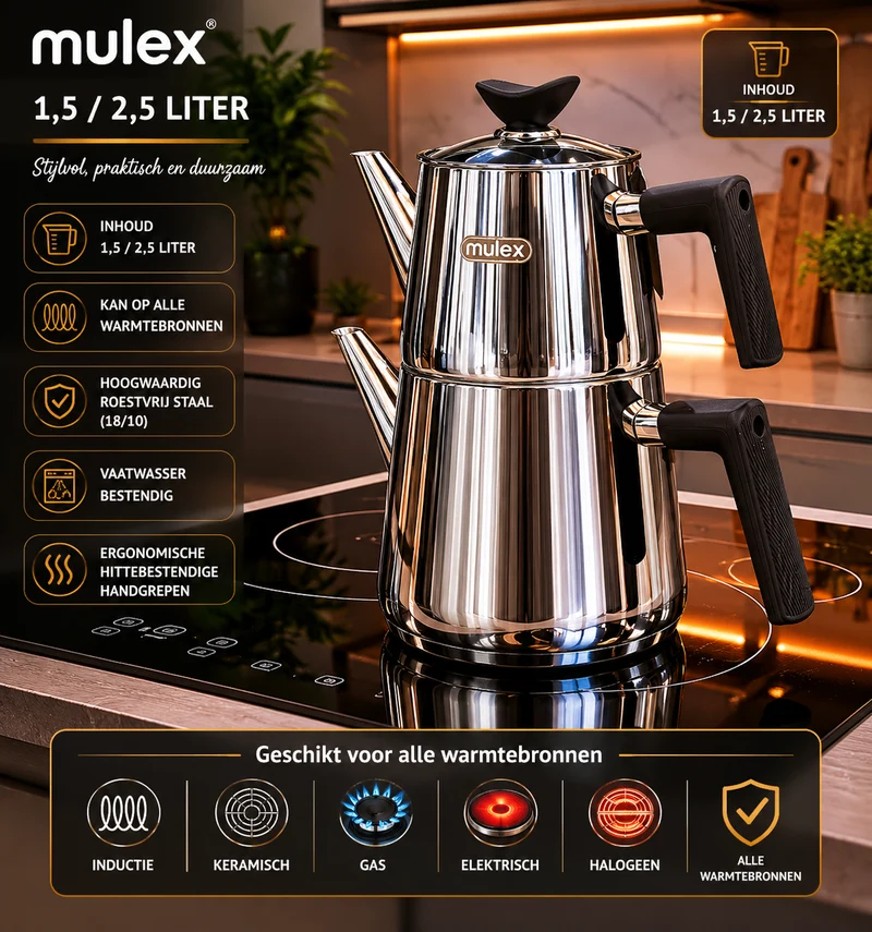 MLX Theepotset 4-dlg - Turkse authentieke theepot RVS ( 1,5 / 2,5 Liter )