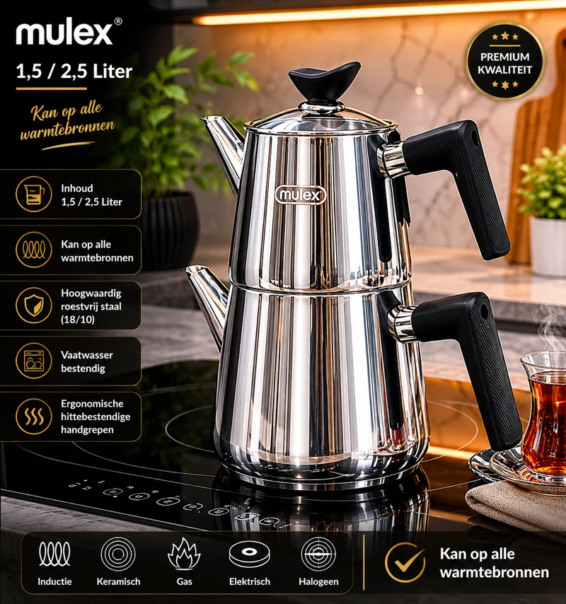 MLX Theepotset 4-dlg - Turkse authentieke theepot RVS ( 1,5 / 2,5 Liter )
