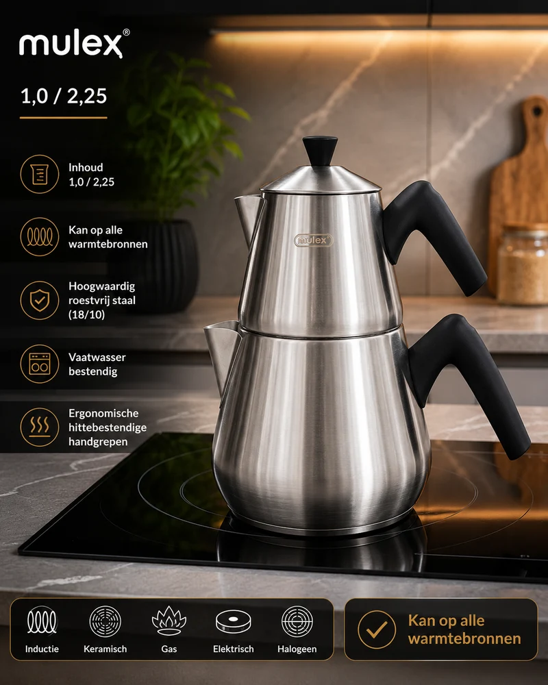 MLX Theepotset 4-dlg - Turkse authentieke theepot RVS ( 1,00 / 2,25 Liter ) Mat