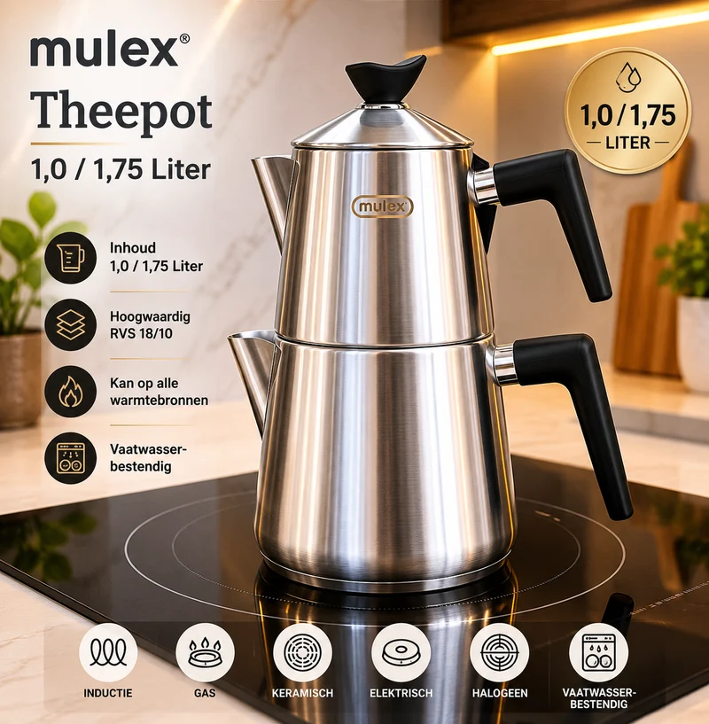 MLX Theepotset 4-dlg - Turkse authentieke theepot RVS ( 1,00 / 1,75 Liter ) Mat