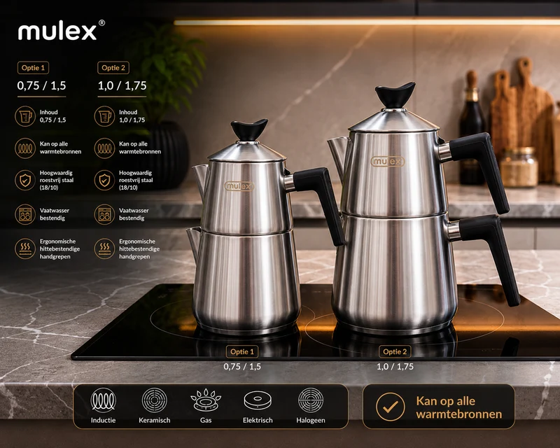 MLX Theepotset 4-dlg - Turkse authentieke theepot RVS ( 1,00 / 1,75 Liter ) Mat
