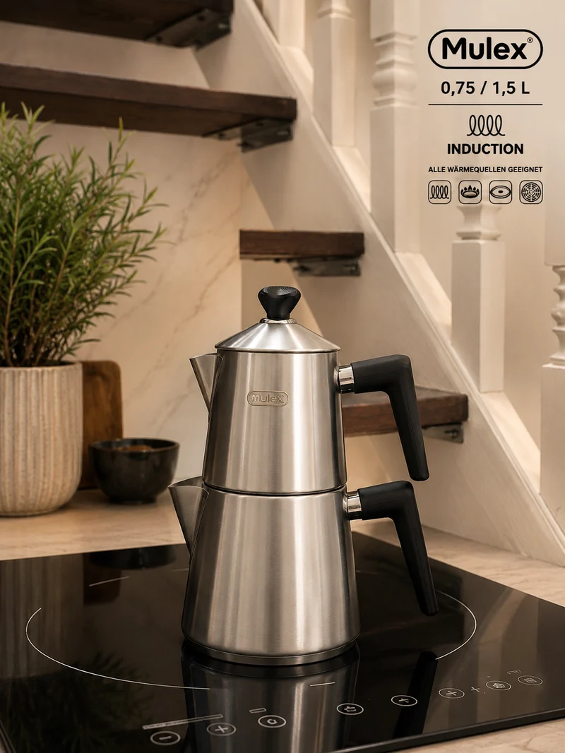 MLX Theepotset 4-dlg - Turkse authentieke theepot RVS ( 0,75 / 1,5 Liter ) Mat