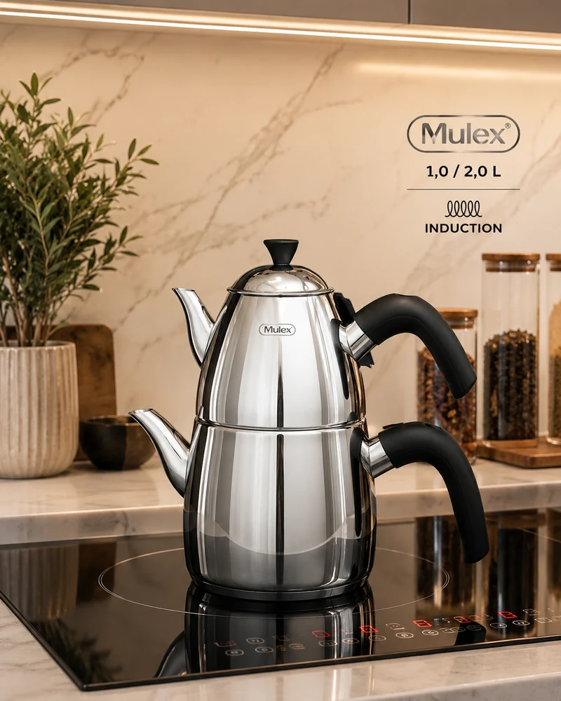 MLX Theepotset 4-dlg - Turkse authentieke theepot RVS ( 1,0 / 2,0 Liter )