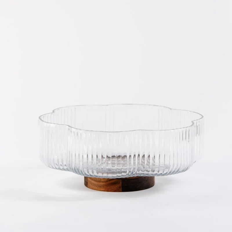 Rustic wood Flower glazen schaal met standaard 26cm