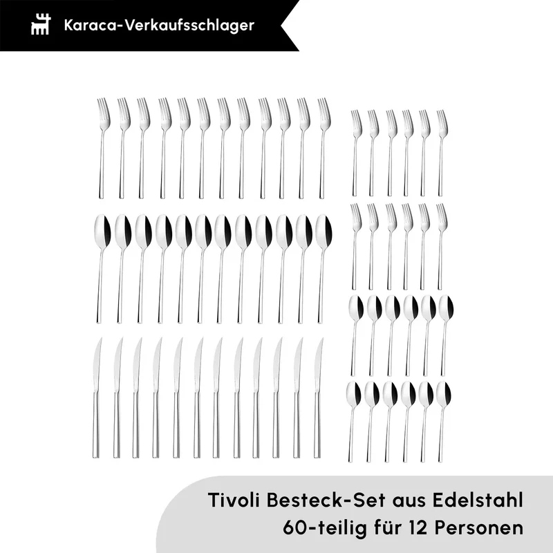 Karaca Tivoli 12 Persoons 60 Delig Bestekset - Speciale Actie - RVS