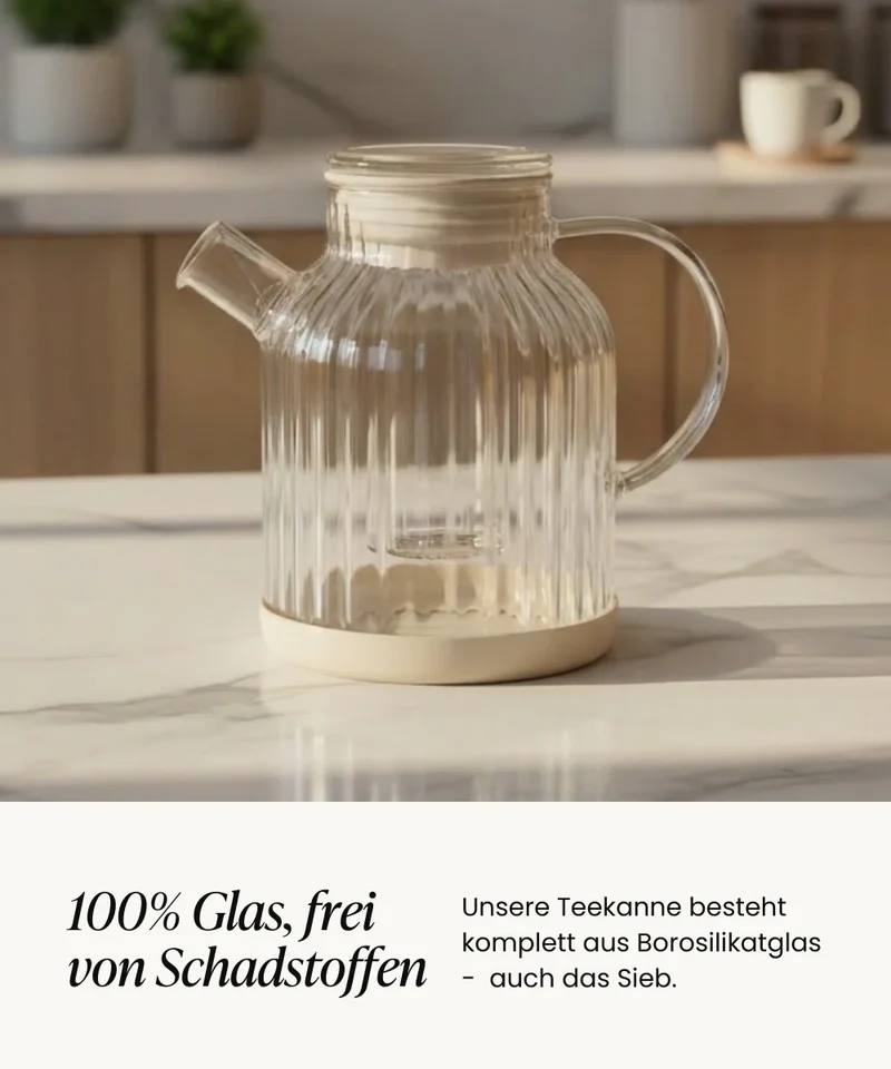 Stripe Glazen theepot met filter 1,5L – Borosilicaat glas – Beige