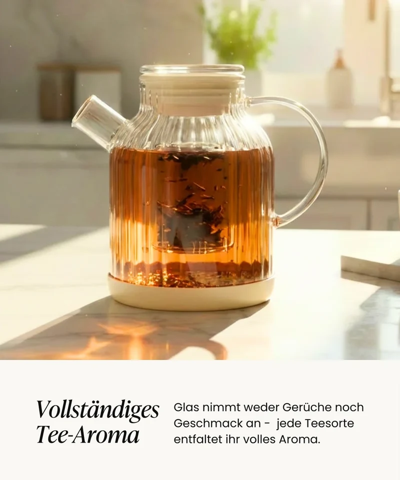 Stripe Glazen theepot met filter 1,5L – Borosilicaat glas – Beige