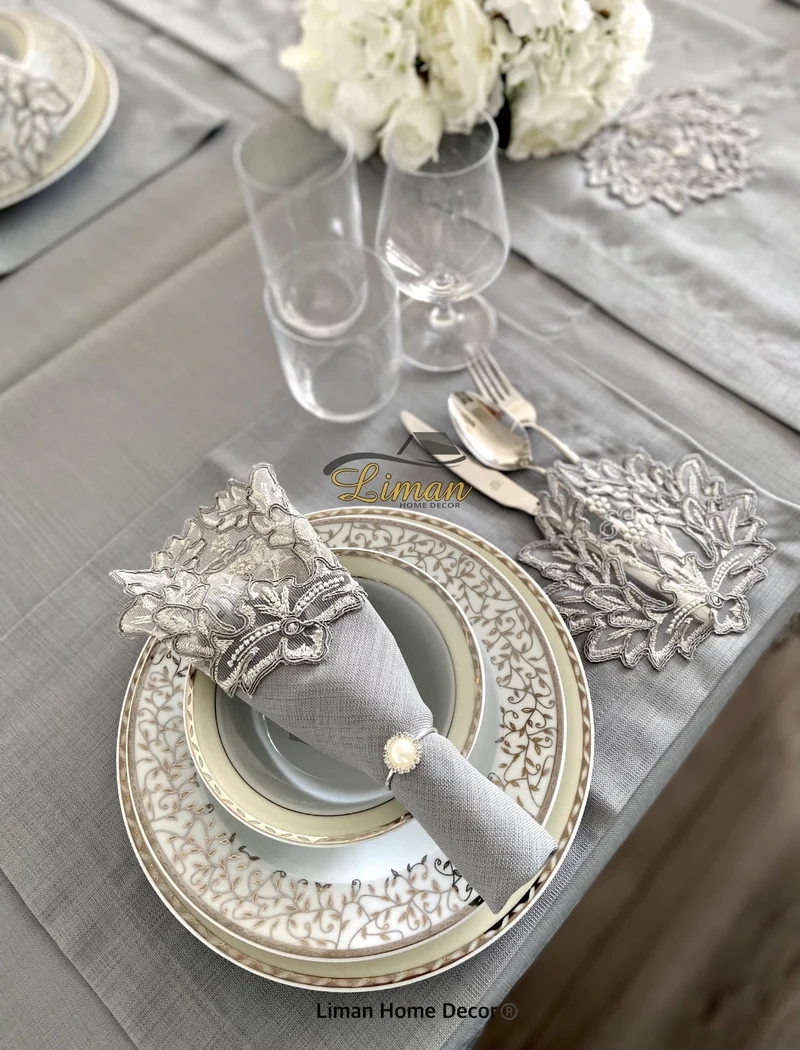 Cinar Tafelkleed Set Met Placemat Grijs 34 Dlg