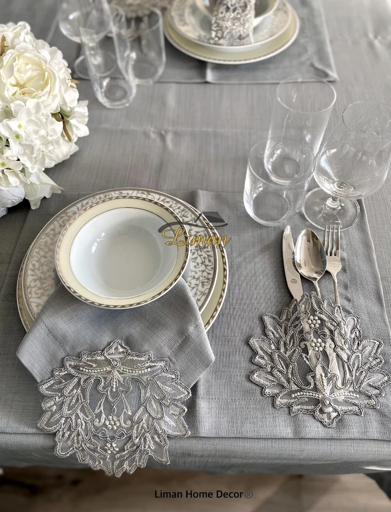 Cinar Tafelkleed Set Met Placemat Grijs 34 Dlg