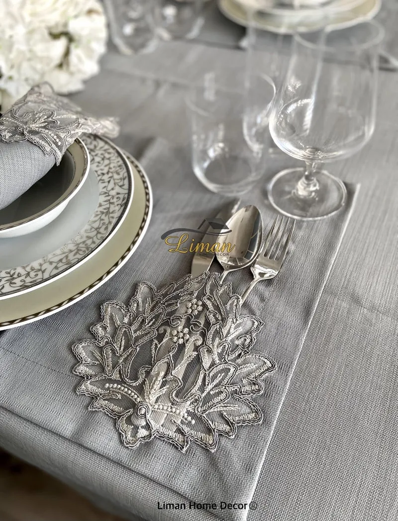 Cinar Tafelkleed Set Met Placemat Grijs 34 Dlg