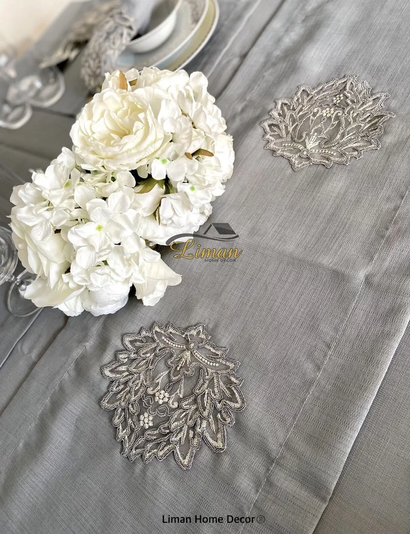 Cinar Tafelkleed Set Met Placemat Grijs 34 Dlg