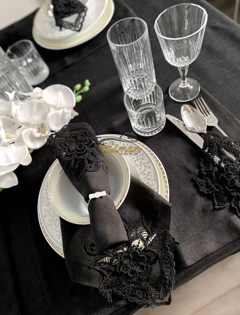 Menekse Tafelkleed Set Met Placemat Zwart 34 Dlg
