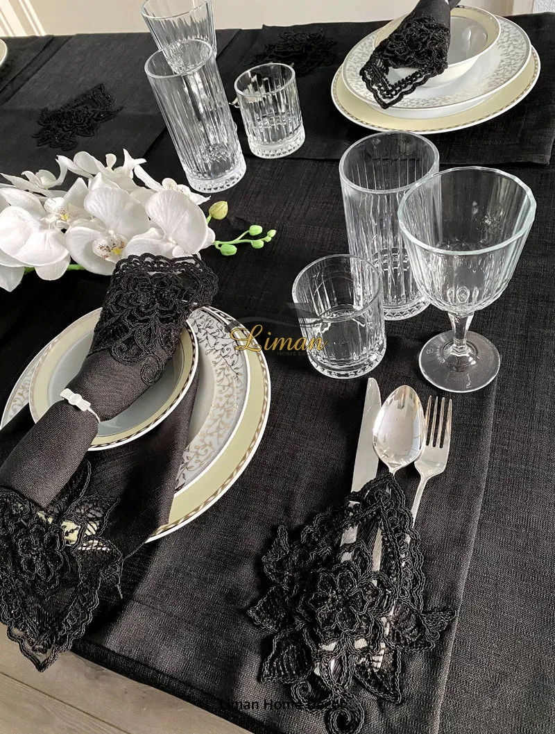 Menekse Tafelkleed Set Met Placemat Zwart 34 Dlg
